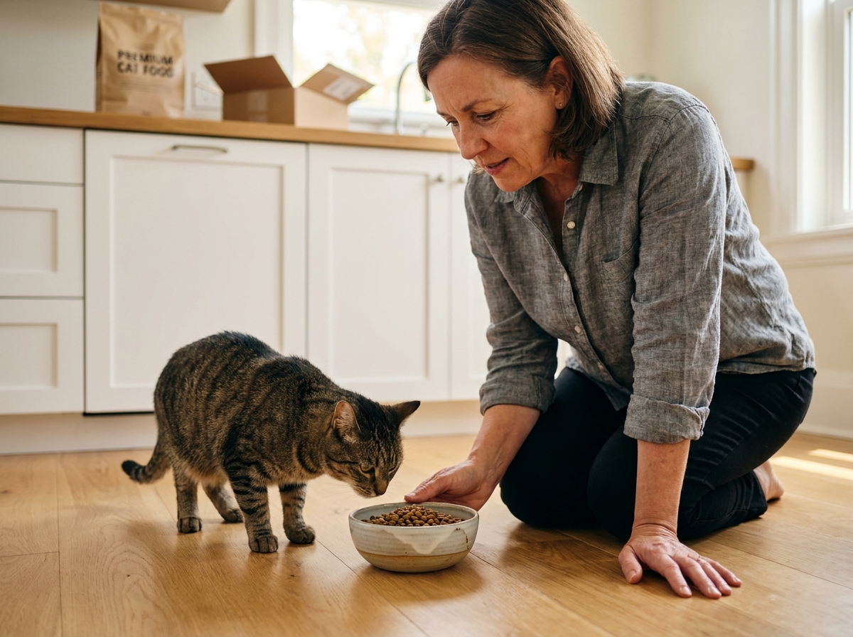 Femme qui change les croquettes de son chat en observant sa réaction devant un nouveau bol en céramique