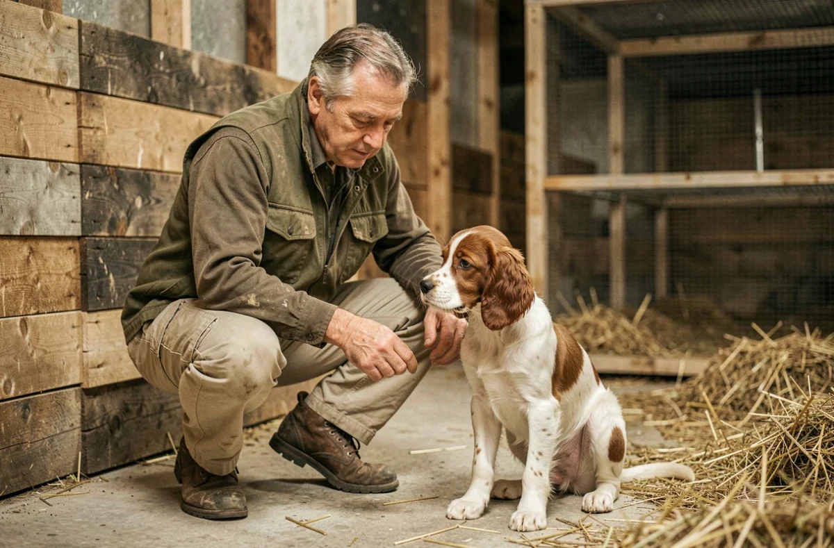 Chasseur expérimenté examinant un chiot springer anglais dans un chenil d'éleveur spécialisé en chiens de chasse