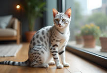 Chat Bengal blanc aux marques argentées dans un intérieur cosy