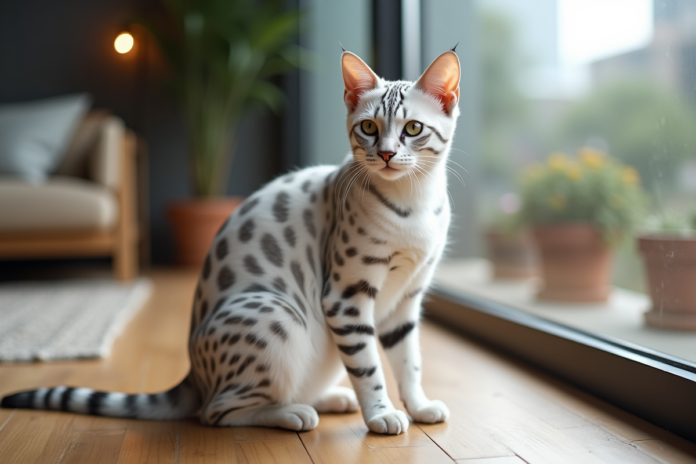 chat-bengal-silver-domicile Chat Bengal blanc aux marques argentées dans un intérieur cosy