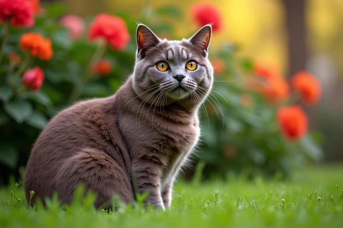 Chat British Shorthair dans un jardin vert et fleuri