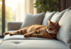 Chat British Shorthair beige sur canapé lumineux