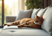 Chat British Shorthair beige sur canapé lumineux
