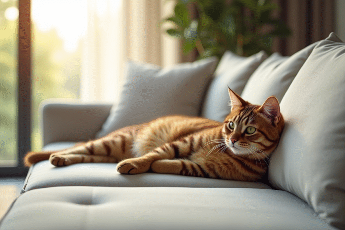 Chat British Shorthair beige sur canapé lumineux