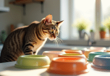 Chat tigré curieux regardant des bols de nourriture pour chats