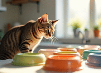 Chat tigré curieux regardant des bols de nourriture pour chats