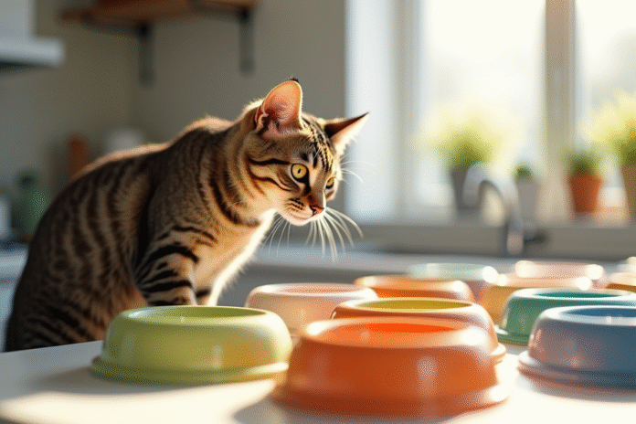 Chat tigré curieux regardant des bols de nourriture pour chats