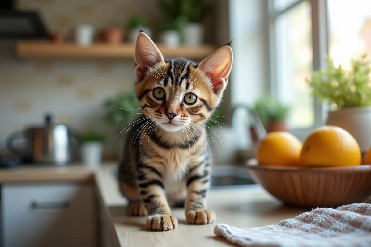 Chat tabby curieux sur le plan de travail cuisine