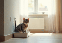 Chat domestique curieux près de la litière dans un salon lumineux