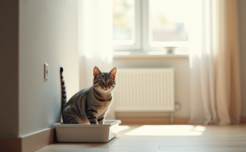 Chat domestique curieux près de la litière dans un salon lumineux
