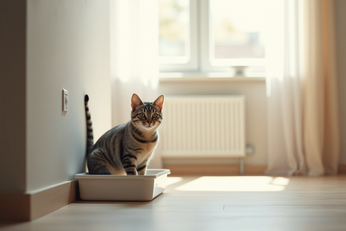 Chat domestique curieux près de la litière dans un salon lumineux