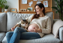 Comportement chat enceinte : décryptage et conseils pour une gestation sereine Chat enceinte allongée sur un canapé avec une femme