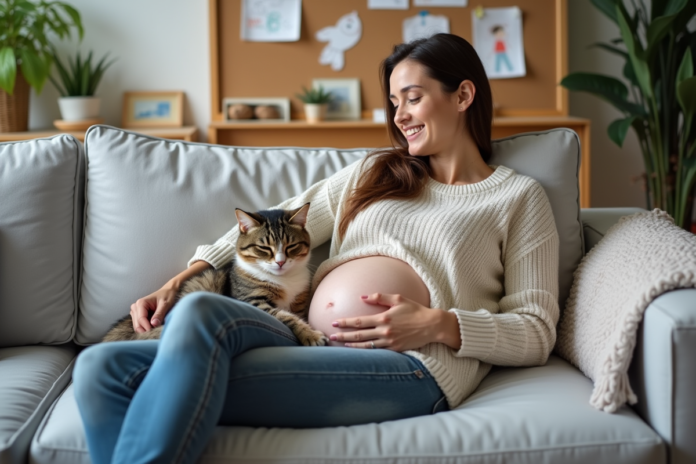 chat-enceinte-douceur-salon Chat enceinte allongée sur un canapé avec une femme