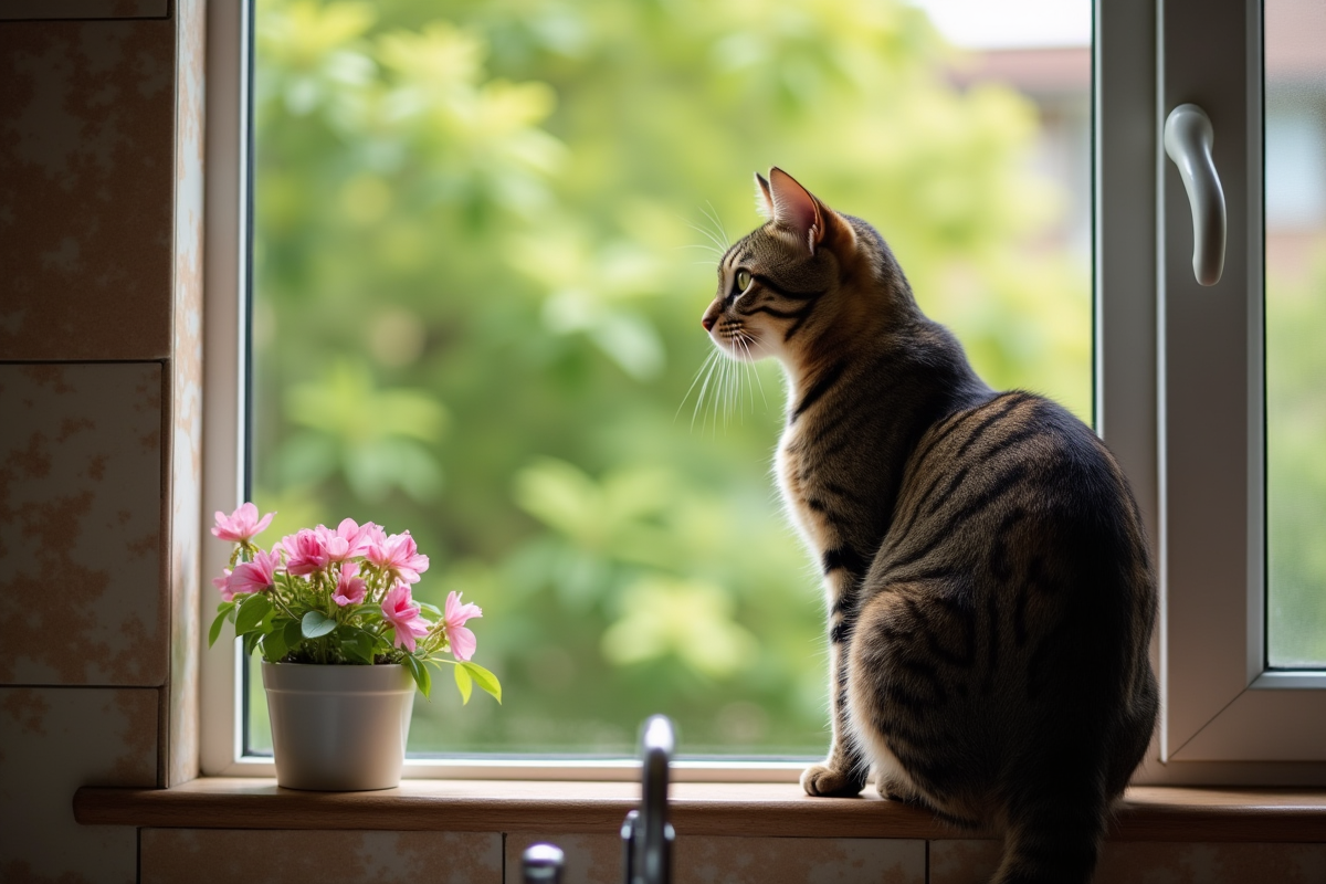 Chat enceinte sur le rebord de fenêtre regardant dehors