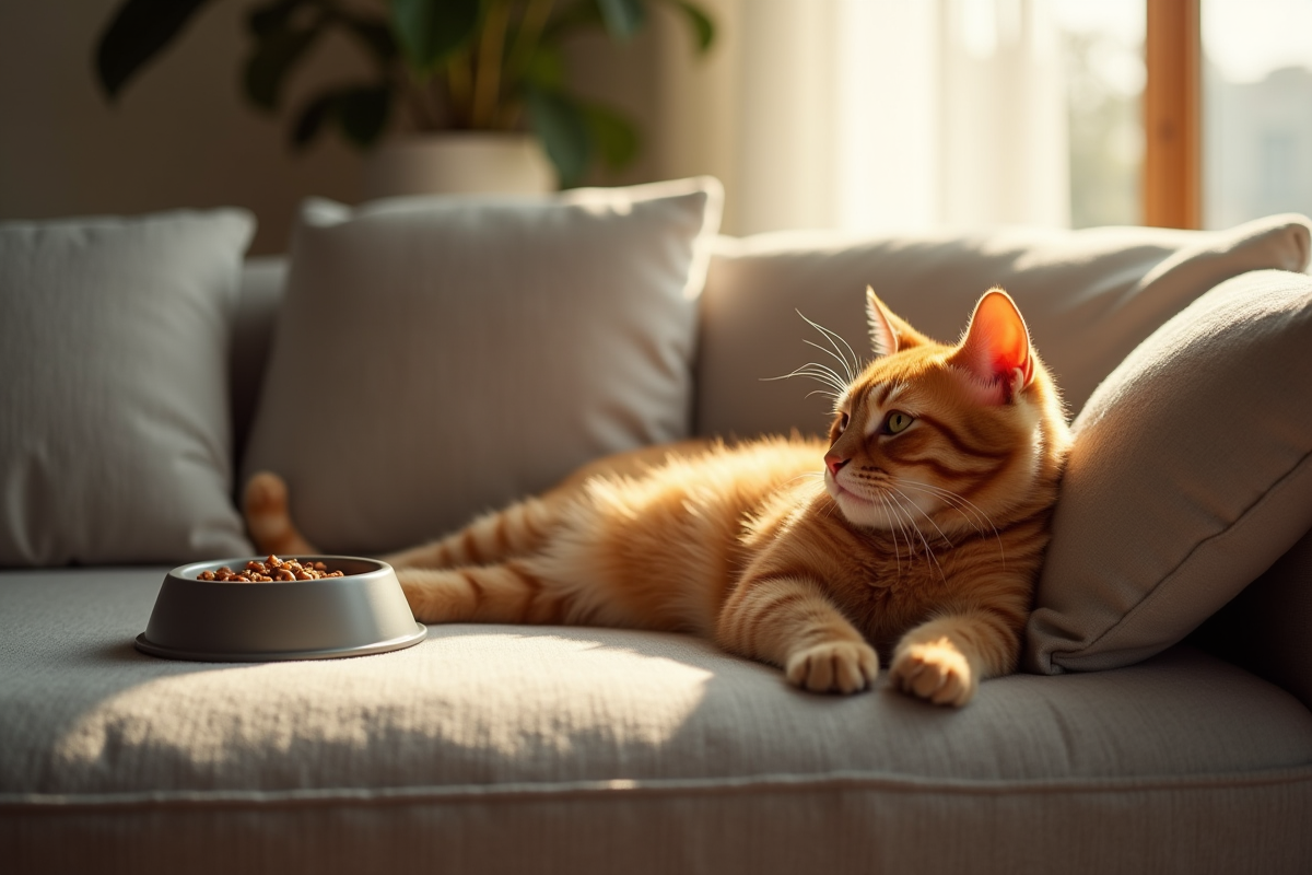Chat roux détendu sur un canapé dans un salon lumineux