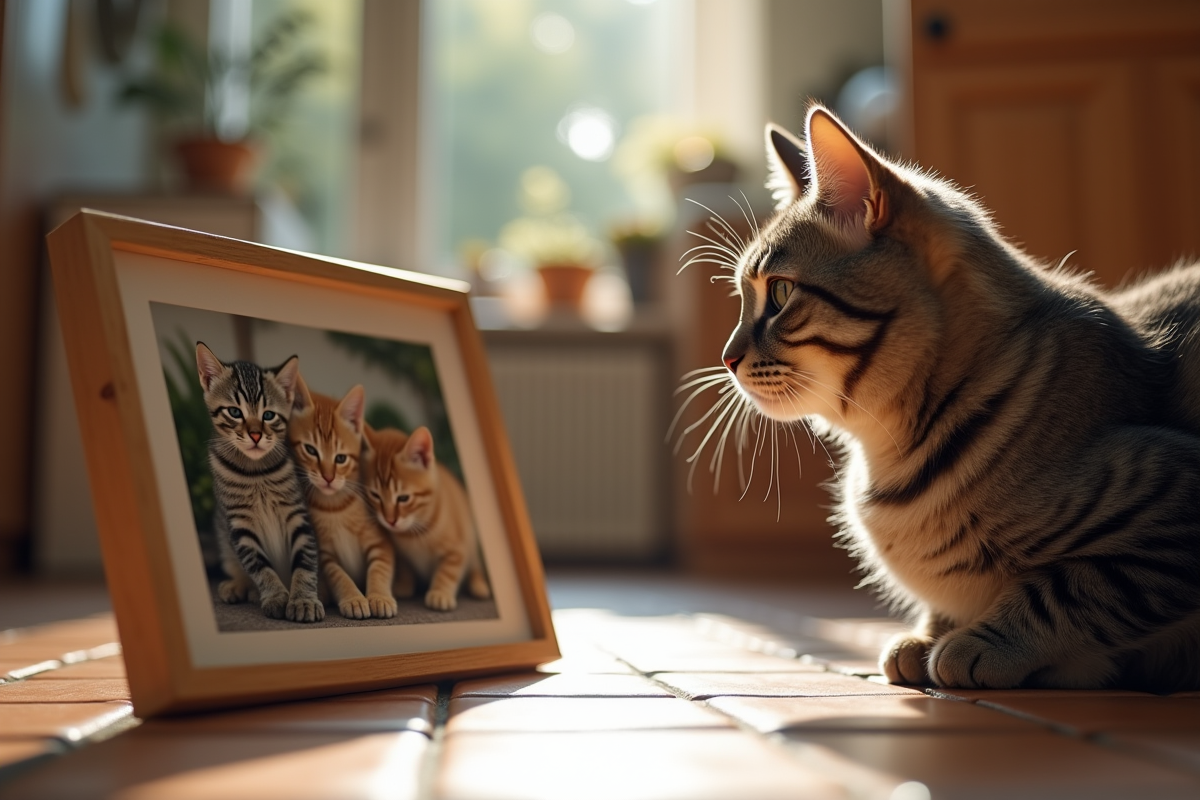 Chat gris observant une photo de chatons dans la cuisine