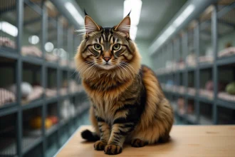 Chat Highlander adulte aux oreilles recourbées posé sur une table de toilettage dans un élevage professionnel en France