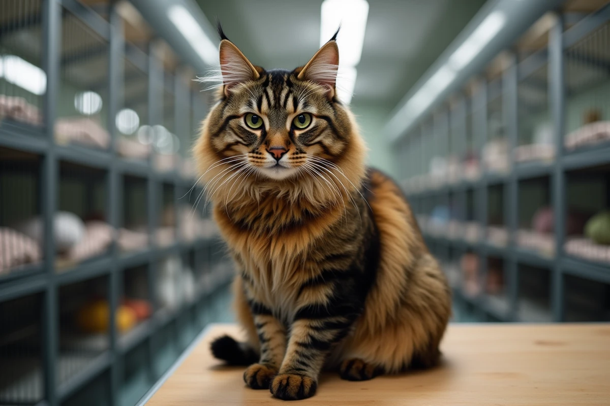 Chat Highlander adulte aux oreilles recourbées posé sur une table de toilettage dans un élevage professionnel en France
