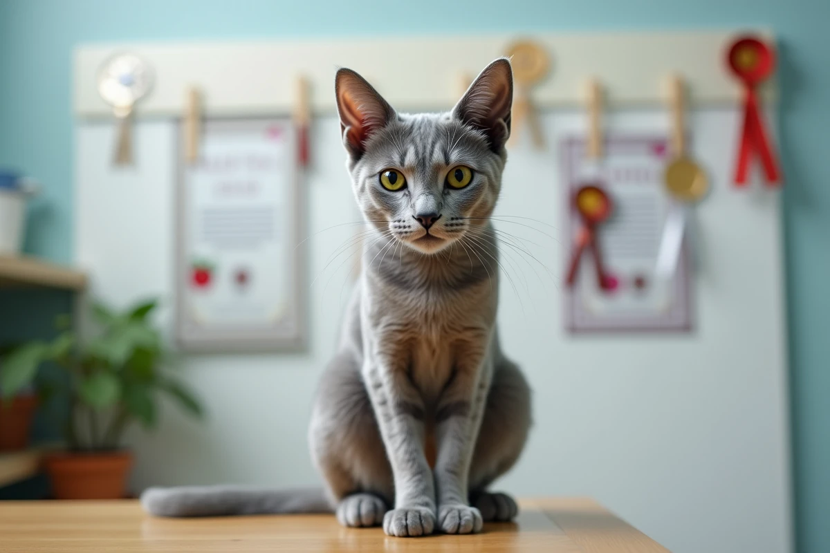 Chat Korat adulte aux yeux verts assis dans un élevage professionnel avec diplômes au mur