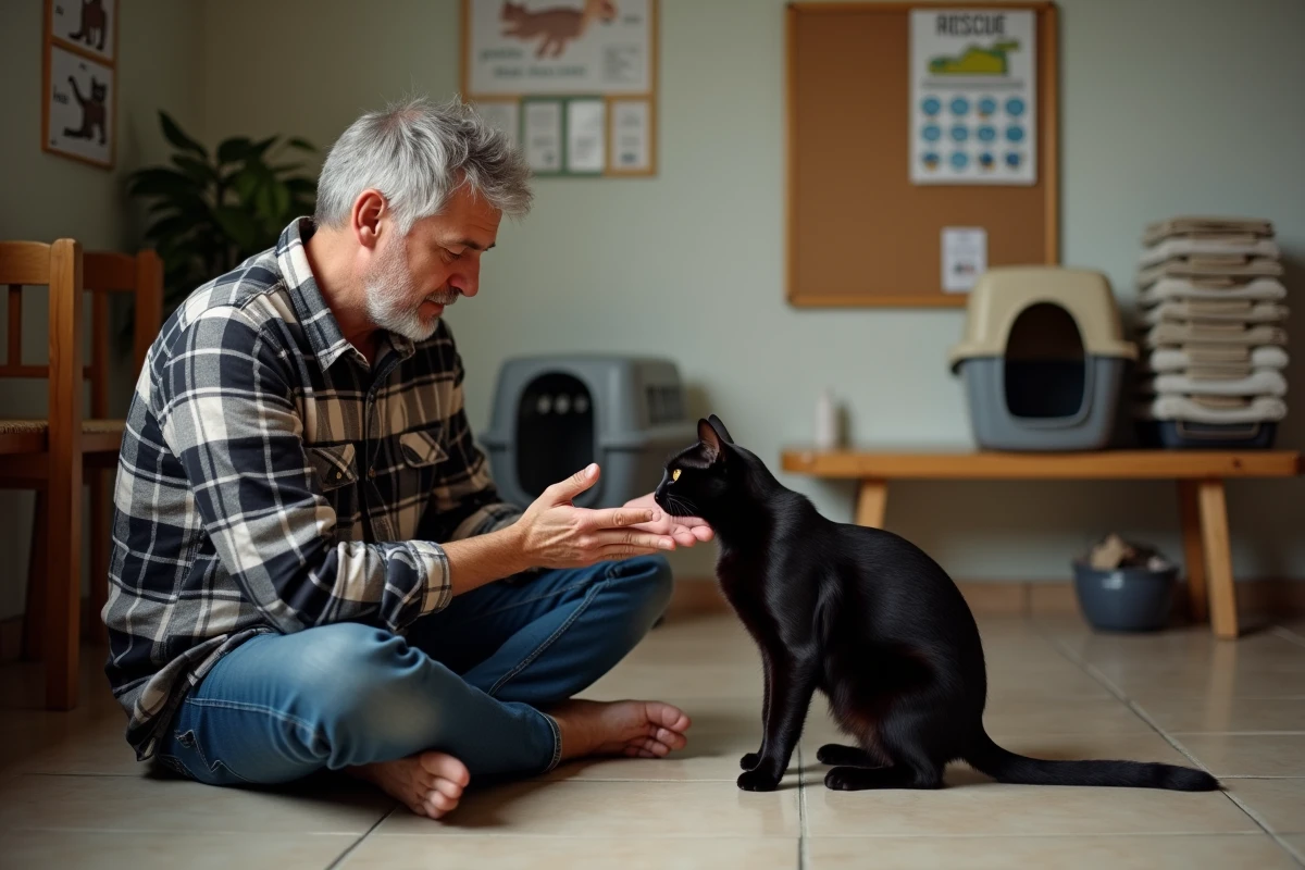 Homme d'âge mûr en train d'apprivoiser un chat noir dans une association de protection animale grenobloise