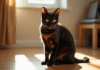 Chat noir Bengal sur sol en bois en lumière naturelle