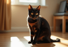 Chat noir Bengal sur sol en bois en lumière naturelle