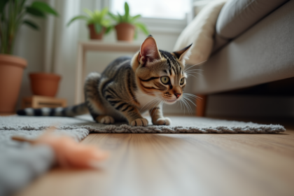 Jeune chat tabby concentré sur un jouet plume