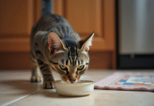 Attractif pipi chat : pourquoi ils aiment tant cet odeur ? Chat domestique tabby sniffant un plat en céramique