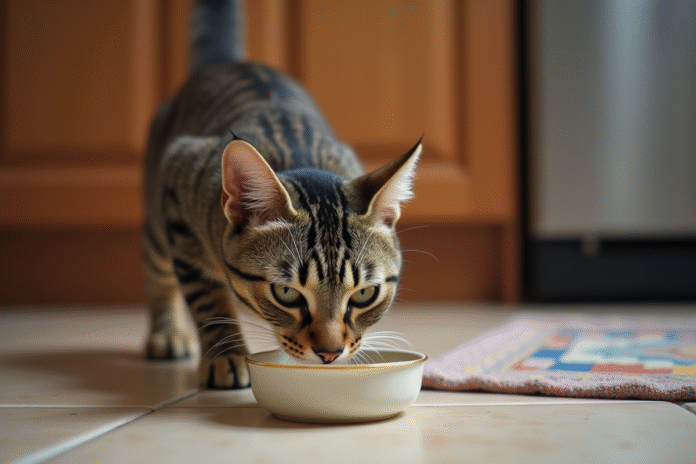 chat-tabby-plat-ceramique Chat domestique tabby sniffant un plat en céramique
