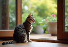 Chat castré : quand le laisser sortir ? Conseils et précautions Chat tabby adulte assis près d'une porte de jardin entrouverte