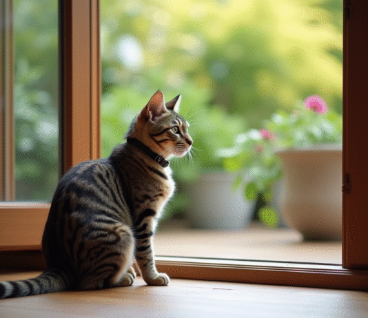 Chat castré : quand le laisser sortir ? Conseils et précautions Chat tabby adulte assis près d'une porte de jardin entrouverte
