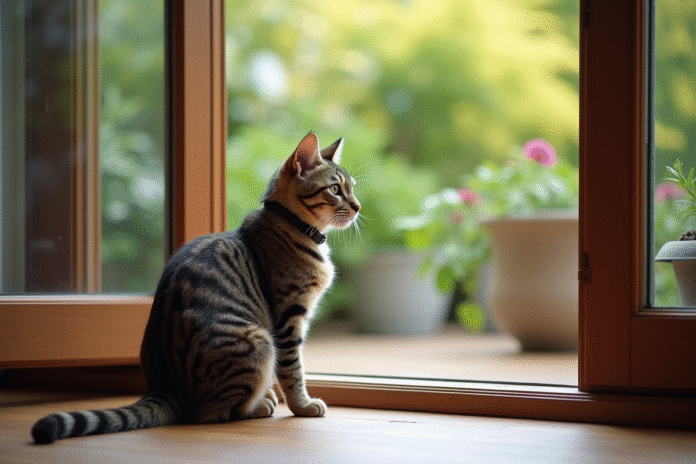 chat-tabby-salon-jardin Chat tabby adulte assis près d'une porte de jardin entrouverte