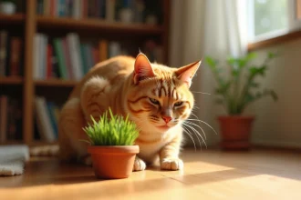 Chat roux accroupi près d'un pot d'herbe à chat avec une expression d'inconfort, illustrant les vomissements possibles après ingestion