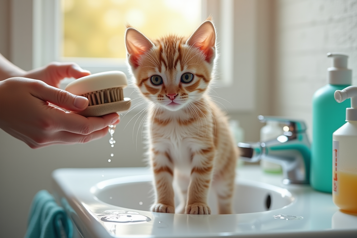 Chaton trempé sur le lavabo avec brosse et shampoing pour chat