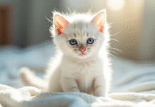 Chaton blanc aux yeux bleus sur une couverture claire