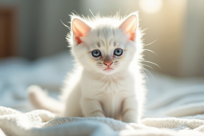 Chaton blanc aux yeux bleus sur une couverture claire