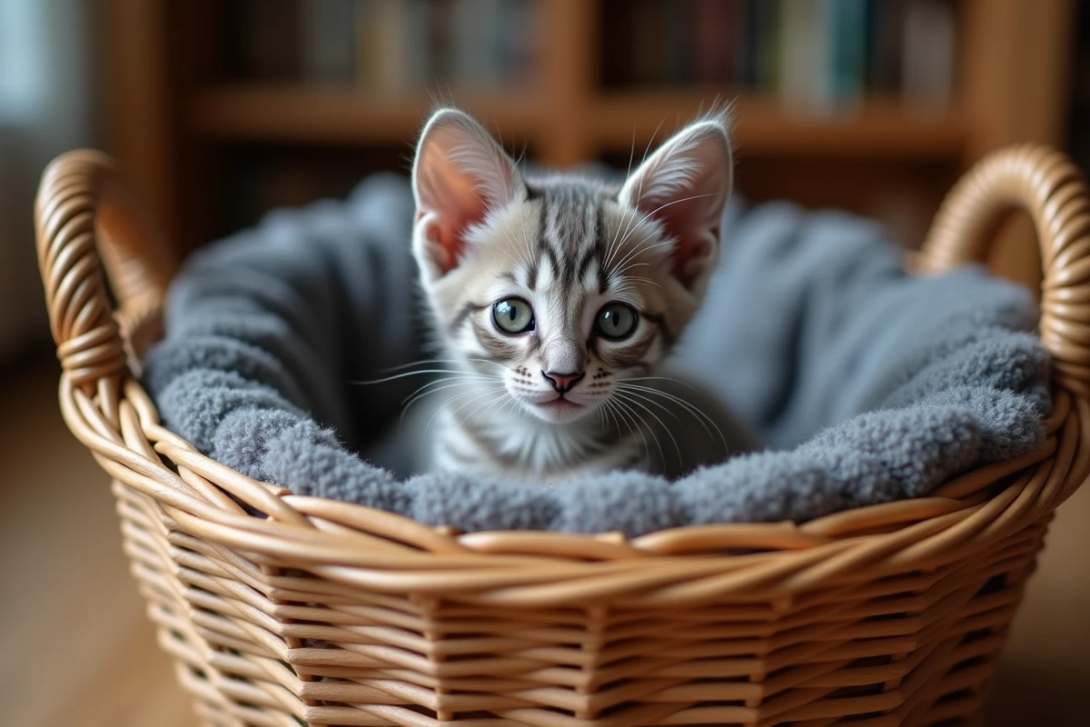 Chaton Korat bleu argenté dans un panier en osier avec couverture grise dans un intérieur cosy