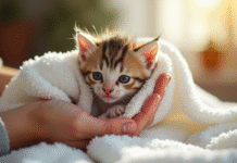 Chaton mouillé enveloppé dans une serviette blanche chaleureuse
