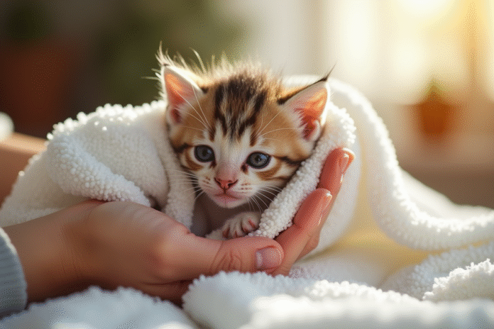 Chaton mouillé enveloppé dans une serviette blanche chaleureuse