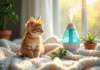 Petit chaton orange assis sur une couverture blanche lumineuse