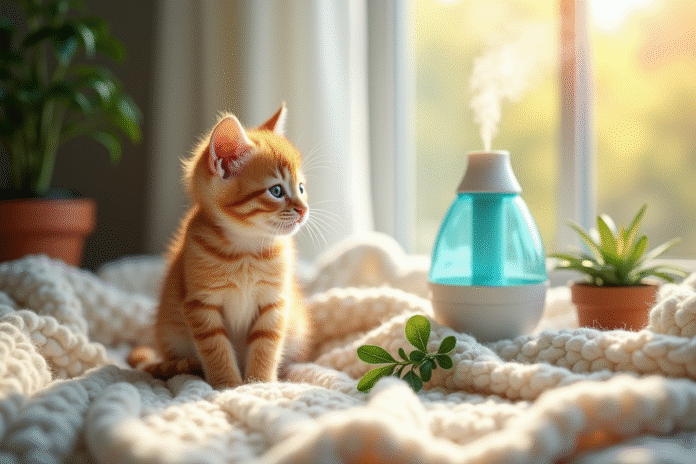 Petit chaton orange assis sur une couverture blanche lumineuse