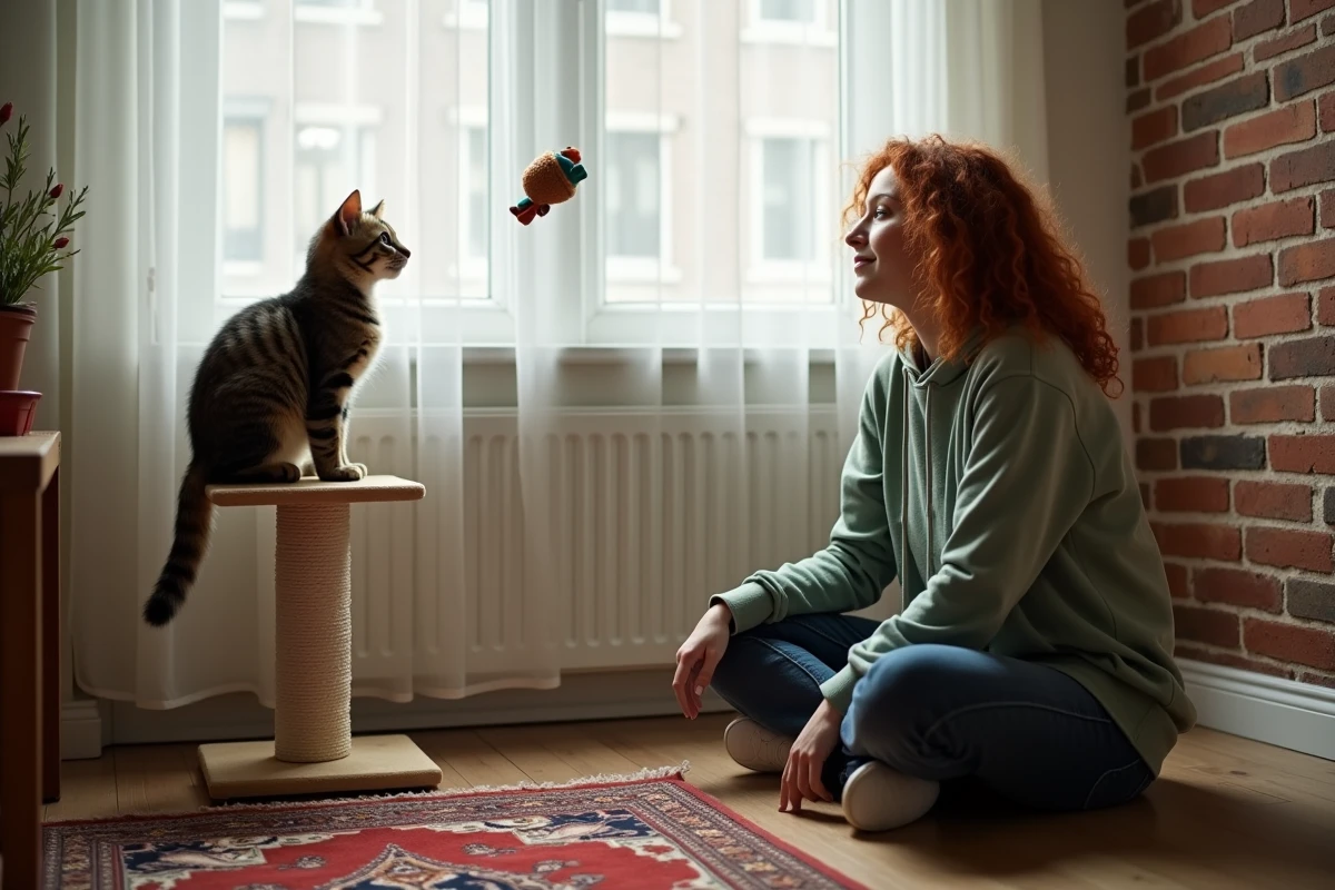 Jeune femme respectant le rythme d'un chaton Scottish Fold lors de son adoption