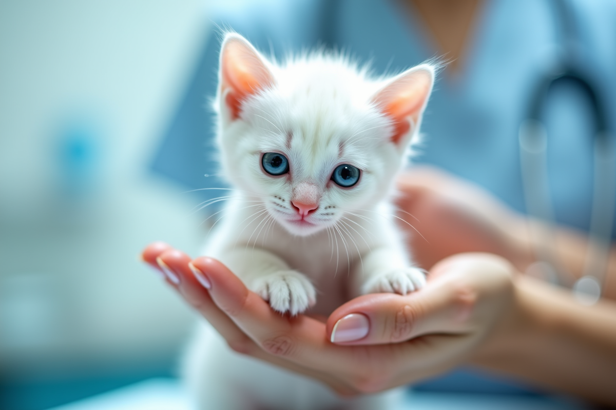 Chaton blanc avec yeux bleus tenu par des mains dans une clinique