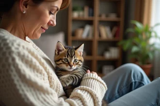 Une femme tient un chaton tigré dans ses bras dans un salon chaleureux