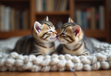 Deux chatons jumeaux jouent sur une couverture en laine