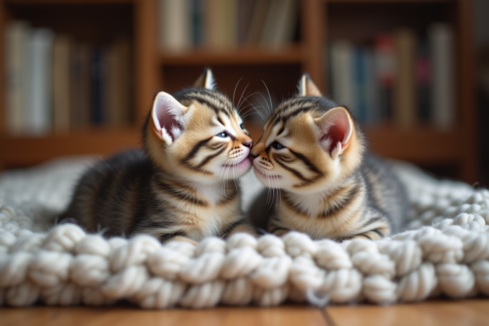 Deux chatons jumeaux jouent sur une couverture en laine