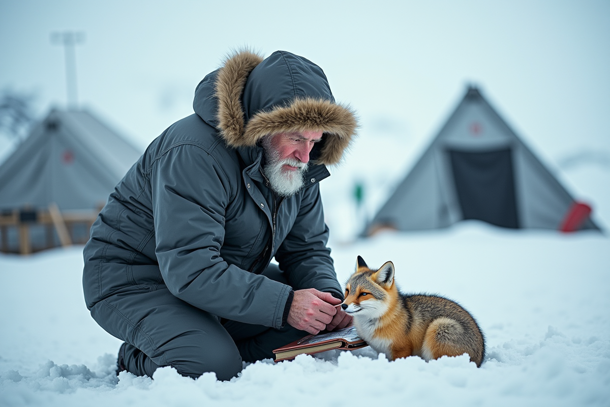 Chercheur polaire observant un renard arctique