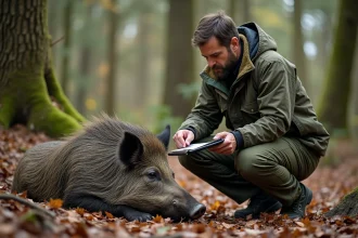 Chercheur en forêt avec un sanglier sauvage
