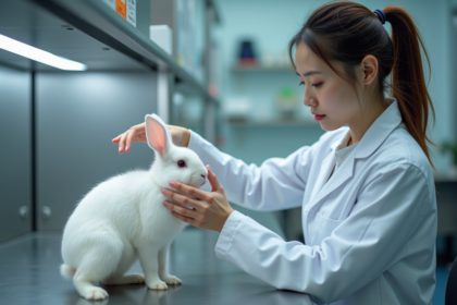 Jeune femme en blouse blanche avec lapin en cage dans un laboratoire
