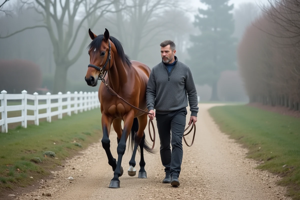 Homme promenant un cheval au pas en main sur un chemin de gravier pour stimuler la circulation et réduire l'engorgement des membres